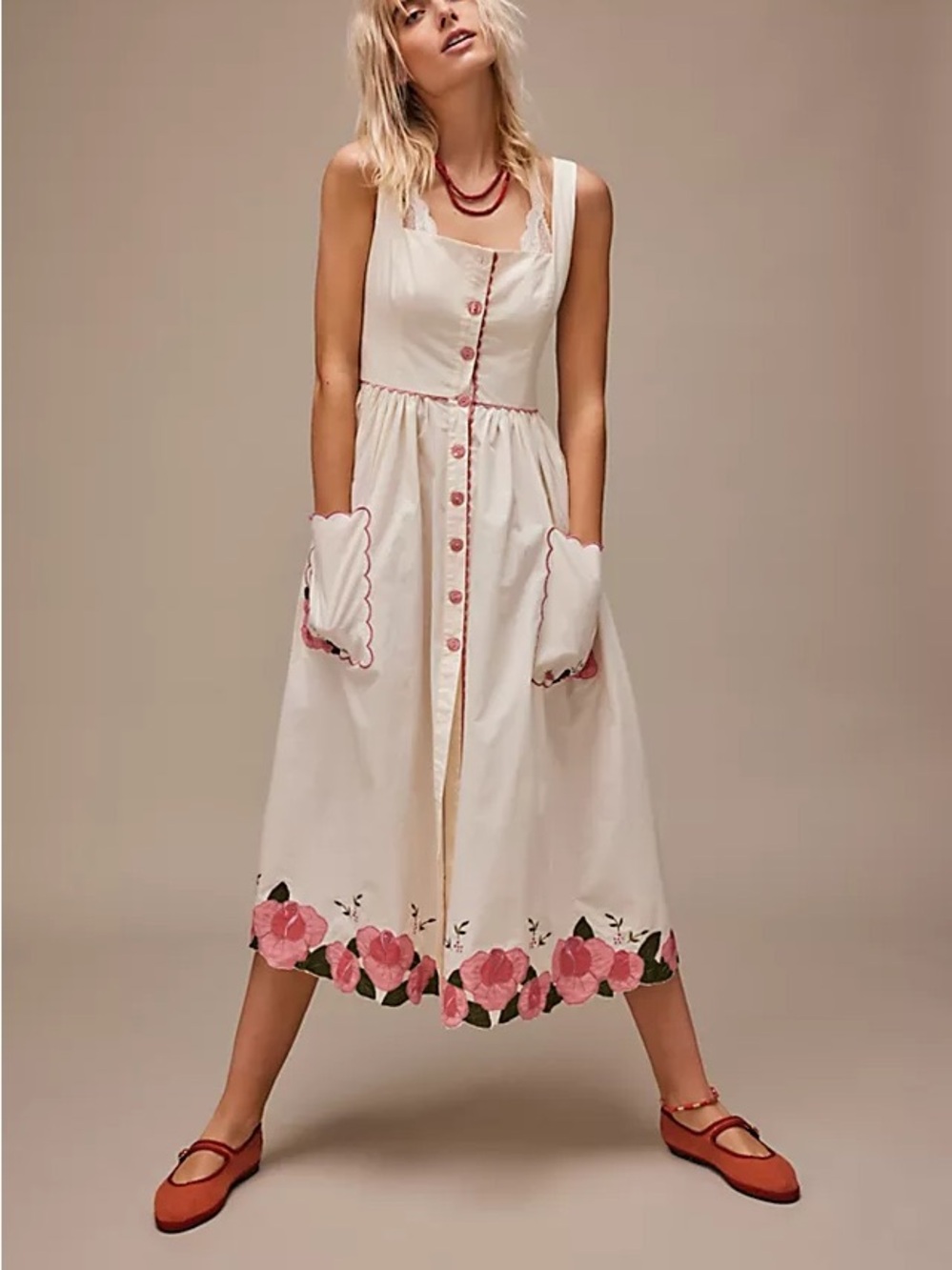 Free People Rosey Posey Cream Maxi Dress Set with under shorts Embroidery - Picture 5 of 8